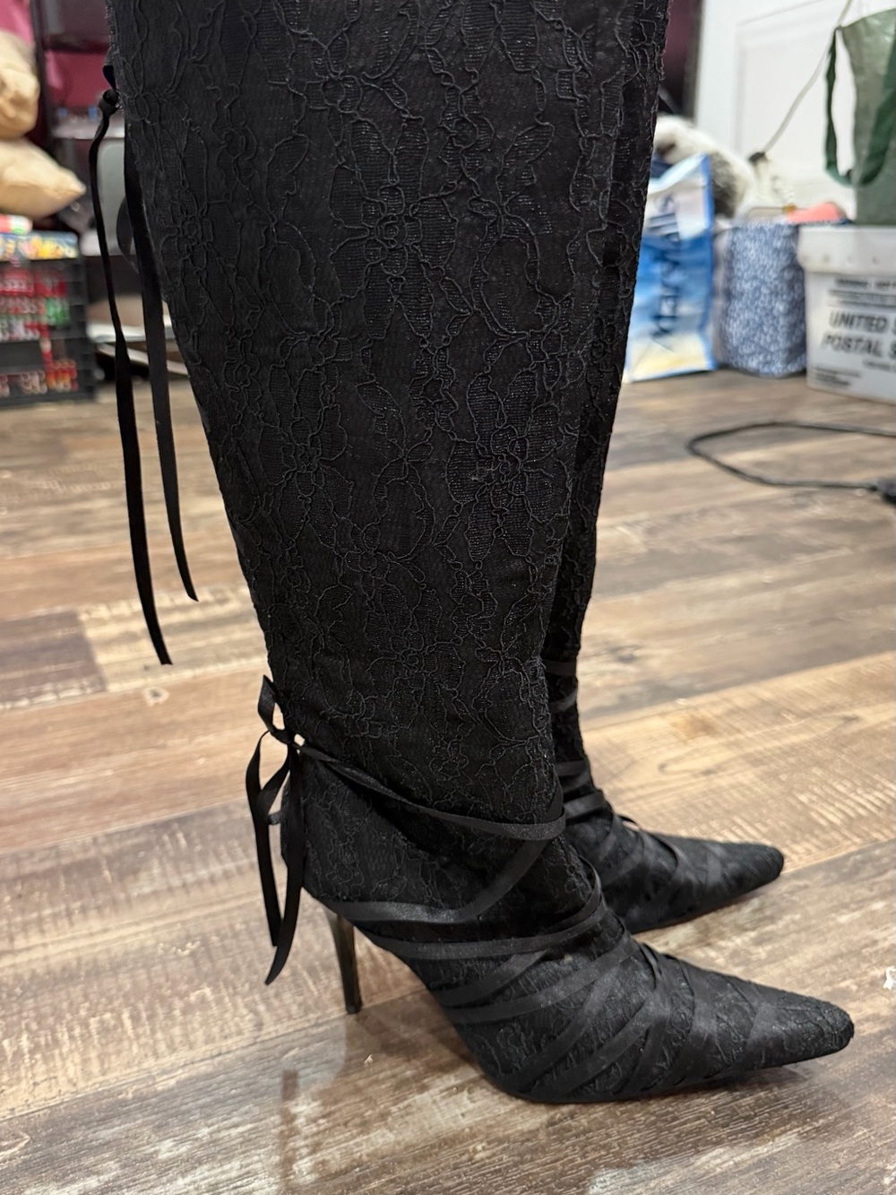 Ellie Black Lace-Up Pointed Toe Stiletto Boots